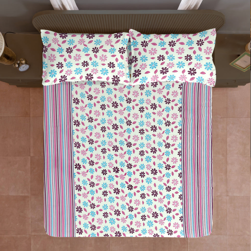 Ivory Vineyard Cream & Grey Botanical 160 TC Pure Cotton Fitted Bedsheet with Pillow Cover