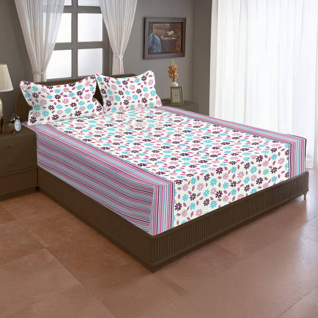 Ivory Vineyard Cream & Grey Botanical 160 TC Pure Cotton Fitted Bedsheet with Pillow Cover