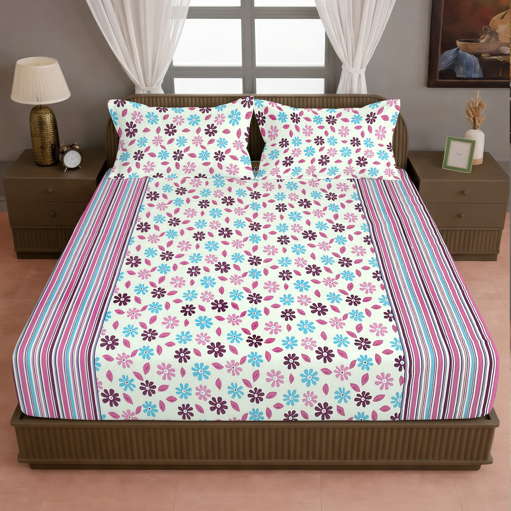 Ivory Vineyard Cream & Grey Botanical 160 TC Pure Cotton Fitted Bedsheet with Pillow Cover
