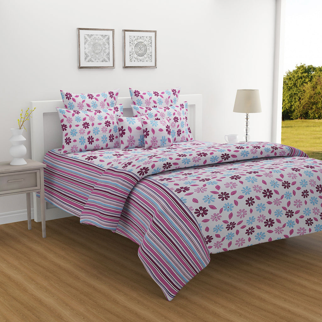 Ivory Vineyard Cream & Grey Botanical 160 TC Pure Cotton Fitted Bedsheet with Pillow Cover