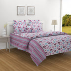 Ivory Vineyard Cream & Grey Botanical 160 TC Pure Cotton Fitted Bedsheet with Pillow Cover