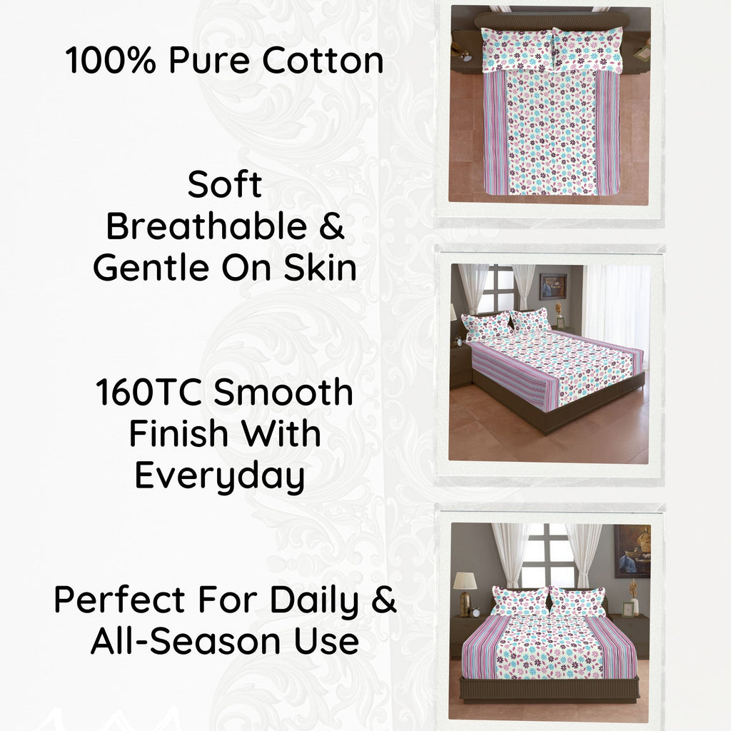 Ivory Vineyard Cream & Grey Botanical 160 TC Pure Cotton Fitted Bedsheet with Pillow Cover