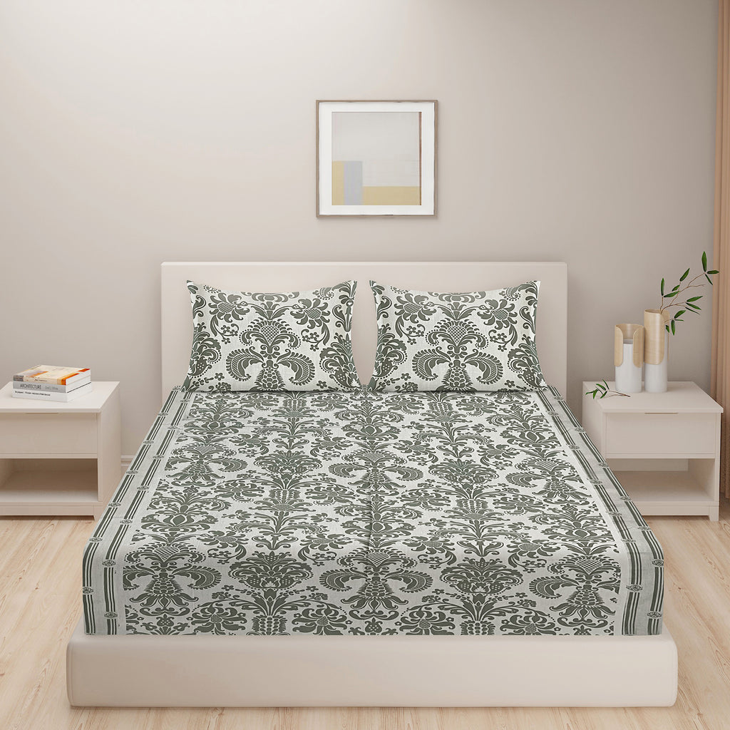 Ivory Sage Victorian Damask 144 TC Pure Cotton Bedsheet Set with Pillow Cover