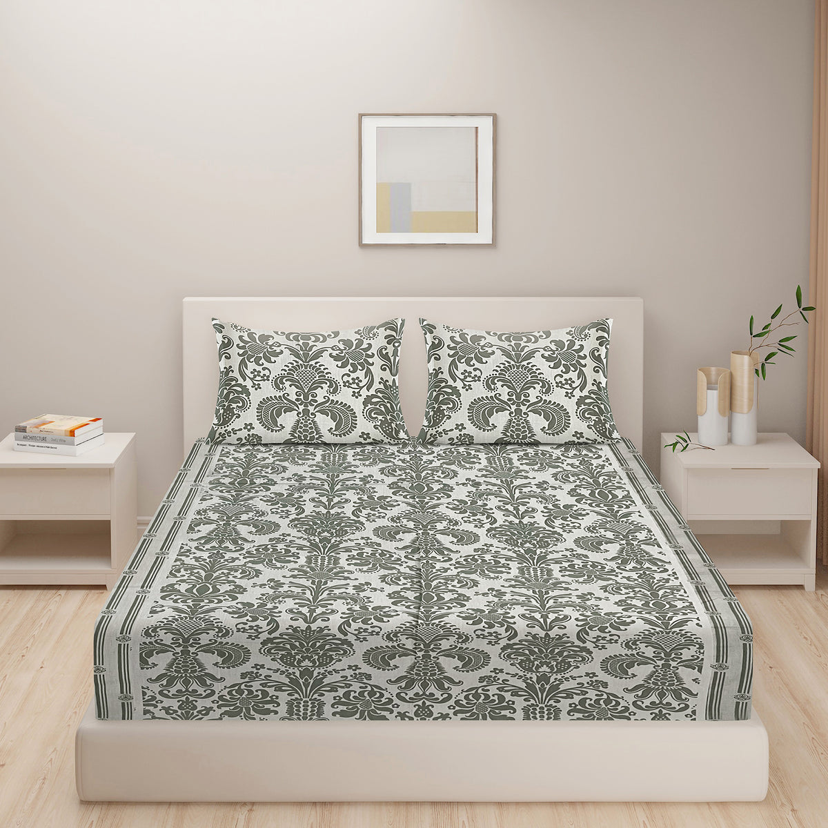 Ivory Sage Victorian Damask 144 TC Pure Cotton Bedsheet Set with Pillow Cover