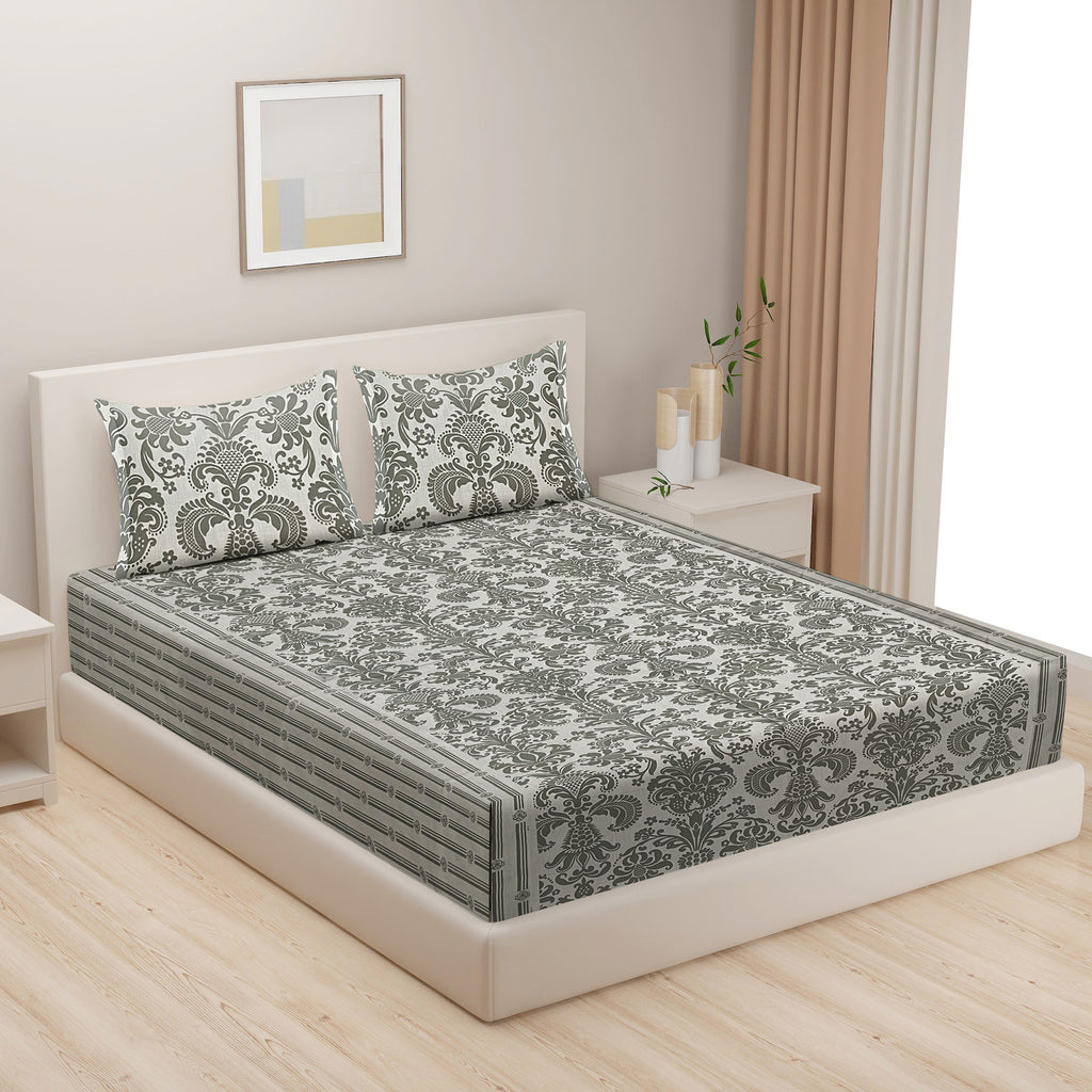 Ivory Sage Victorian Damask 144 TC Pure Cotton Bedsheet Set with Pillow Cover
