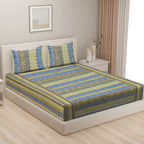 Olive Blue Geometric Stripes 144 TC Pure Cotton Bedsheet Set with Pillow Cover