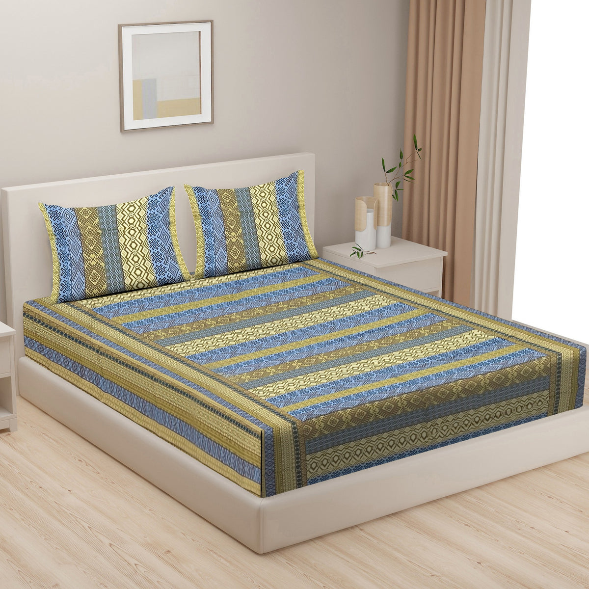 Olive Blue Geometric Stripes 144 TC Pure Cotton Bedsheet Set with Pillow Cover