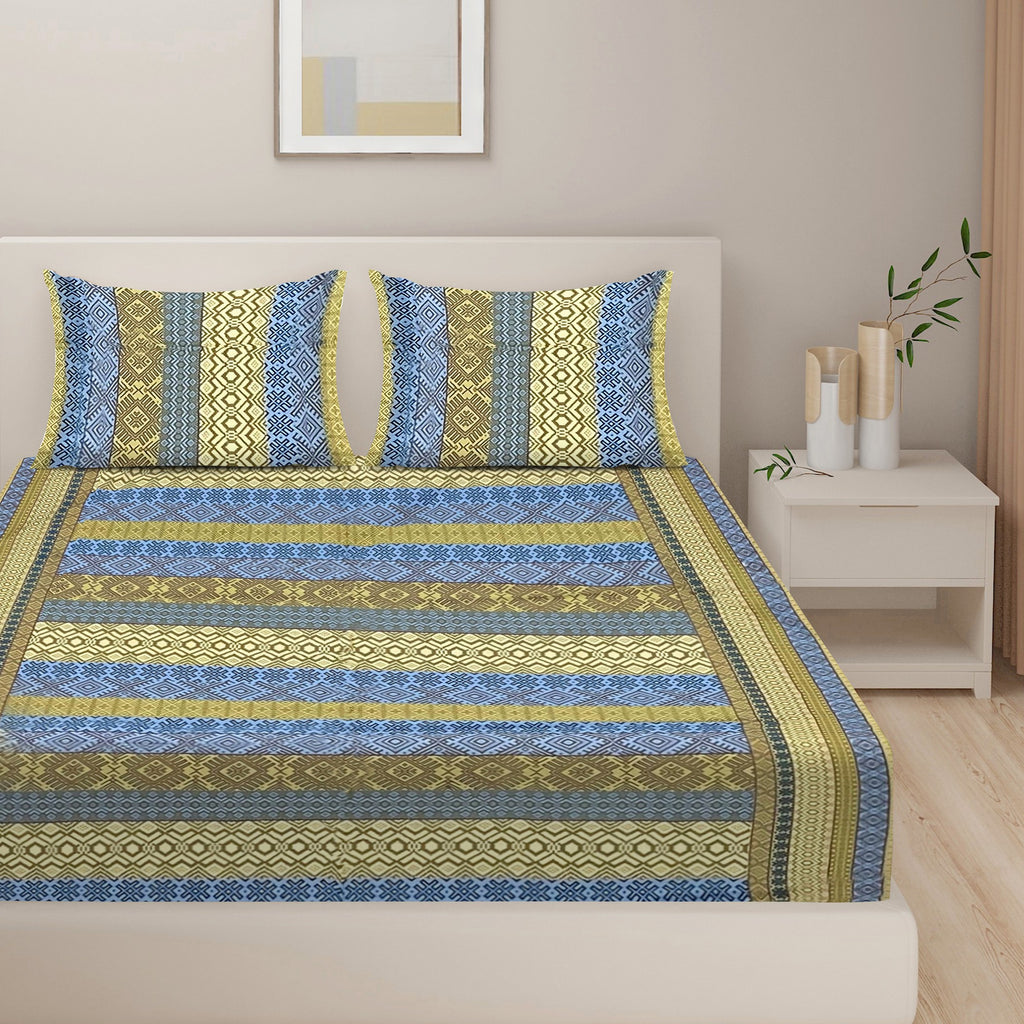 Olive Blue Geometric Stripes 144 TC Pure Cotton Bedsheet Set with Pillow Cover