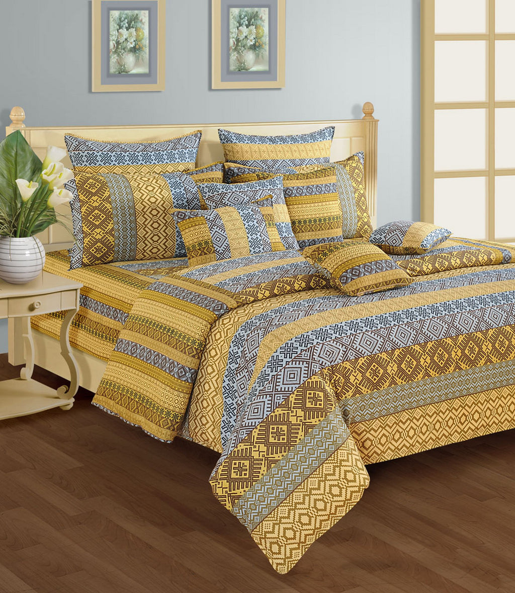 Olive Blue Geometric Stripes 144 TC Pure Cotton Bedsheet Set with Pillow Cover