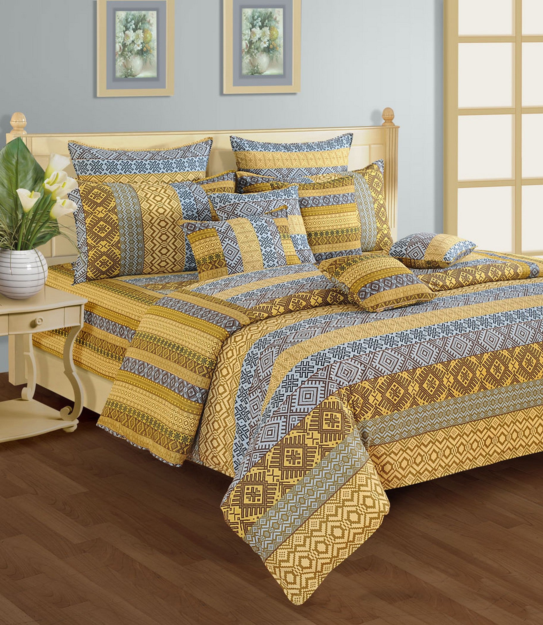 Olive Blue Geometric Stripes 144 TC Pure Cotton Bedsheet Set with Pillow Cover