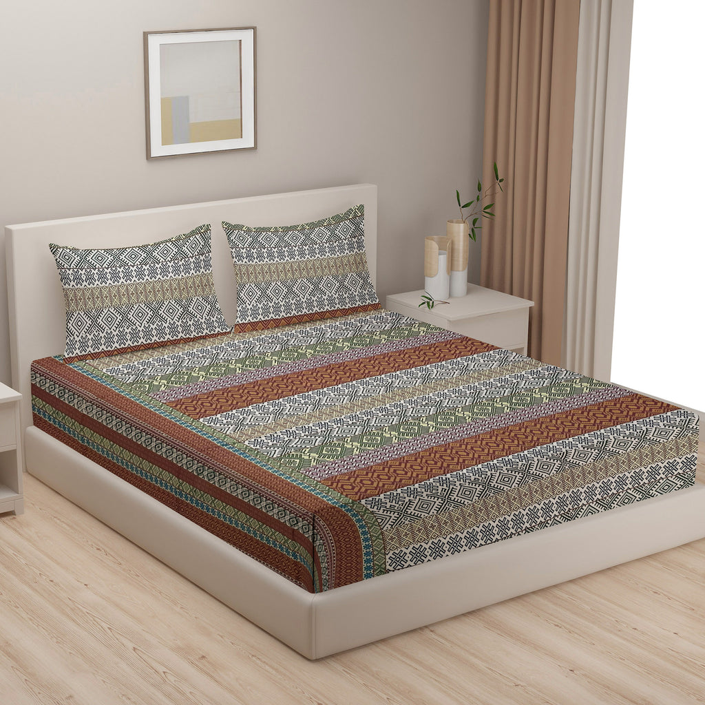 Heritage Weave Brown & Multicolour Geometric 160 TC Pure Cotton Bedsheet with Pillow Cover