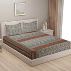 Heritage Weave Brown & Multicolour Geometric 160 TC Pure Cotton Bedsheet with Pillow Cover