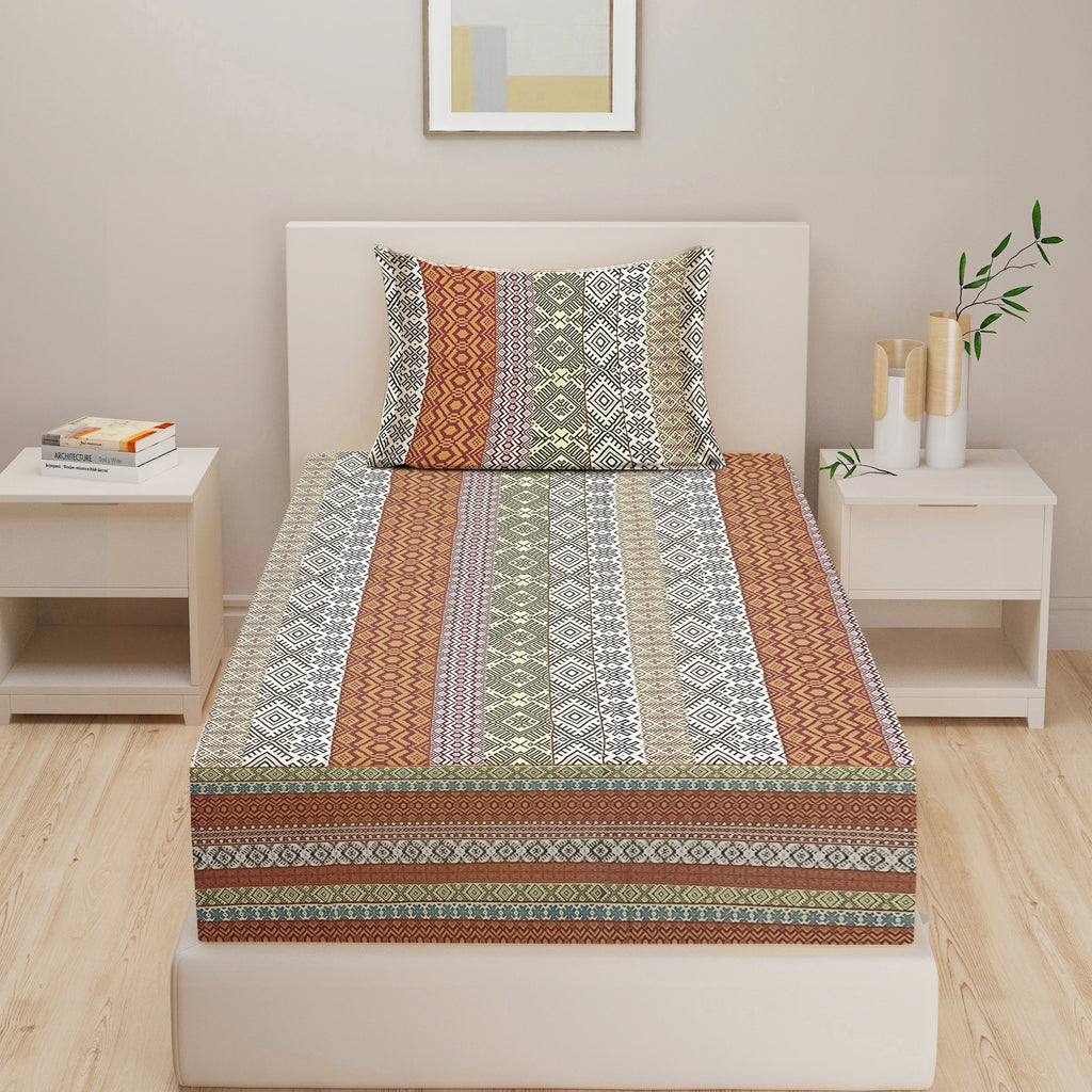 Heritage Weave Brown & Multicolour Geometric 160 TC Pure Cotton Bedsheet with Pillow Cover