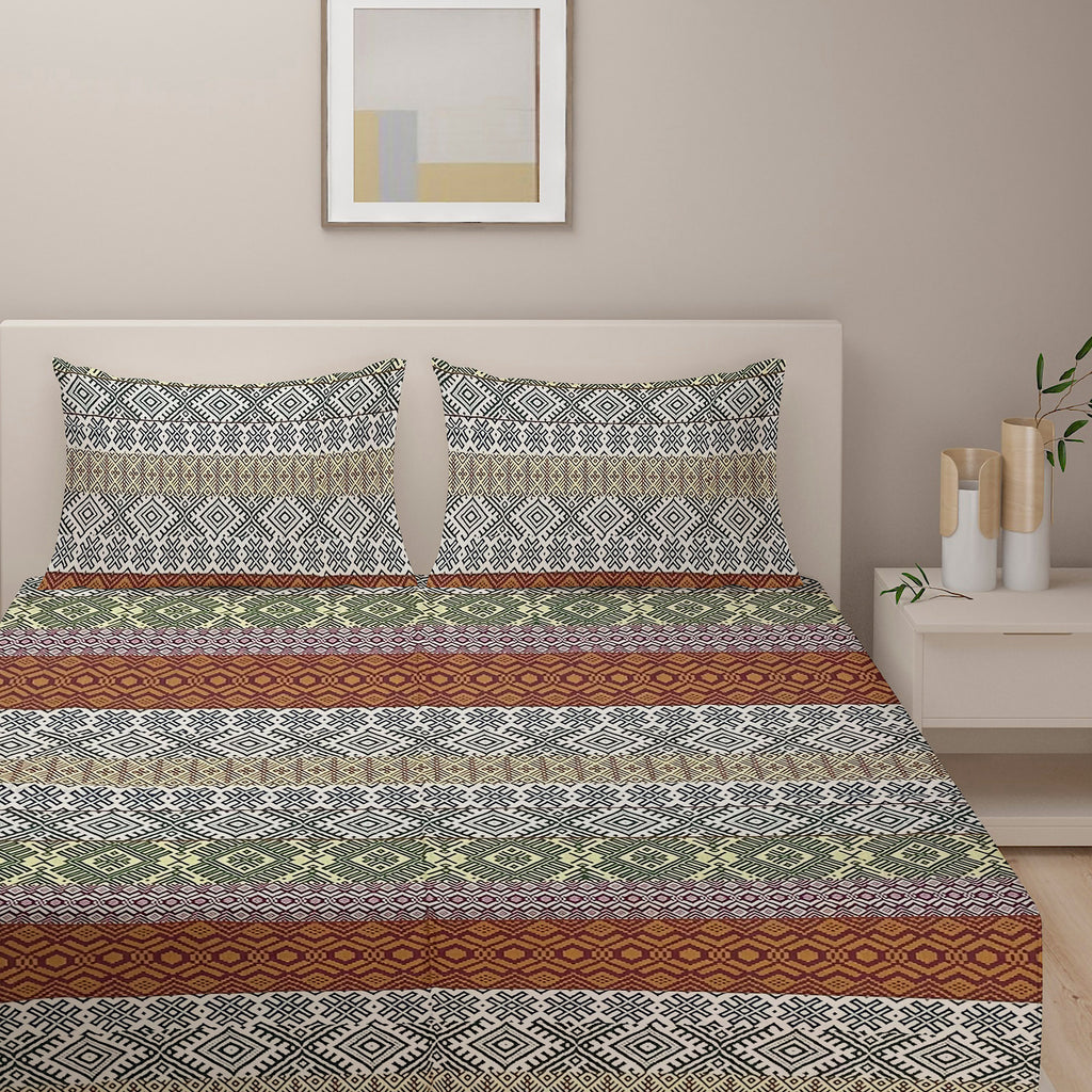 Heritage Weave Brown & Multicolour Geometric 160 TC Pure Cotton Bedsheet with Pillow Cover