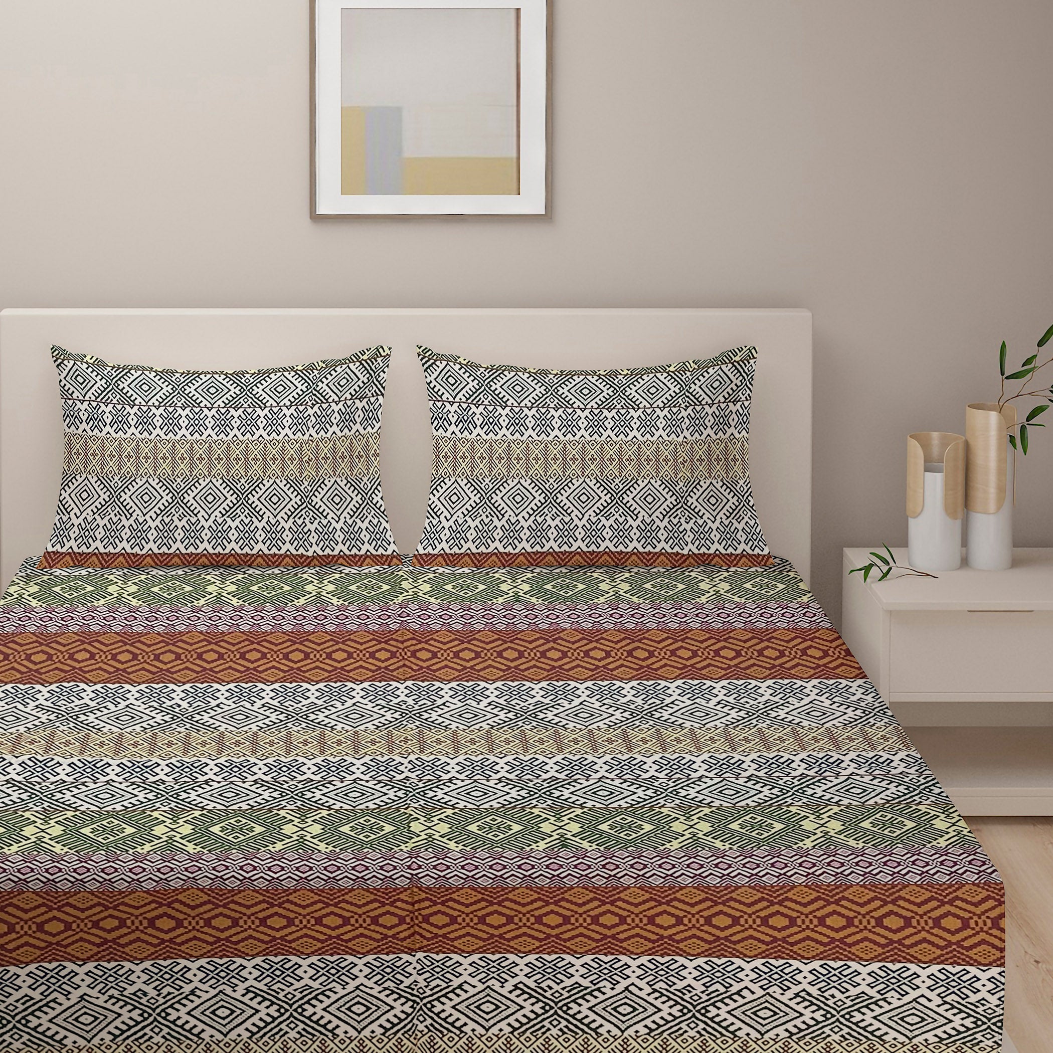 Heritage Weave Brown & Multicolour Geometric 160 TC Pure Cotton Bedsheet with Pillow Cover