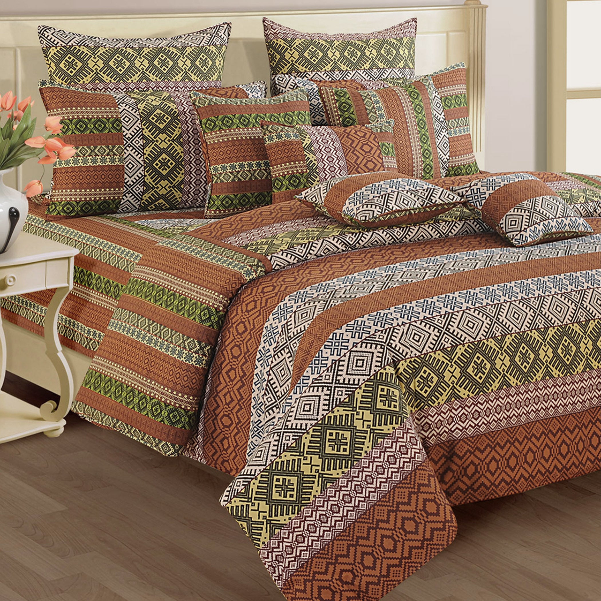 Heritage Weave Brown & Multicolour Geometric 160 TC Pure Cotton Bedsheet with Pillow Cover