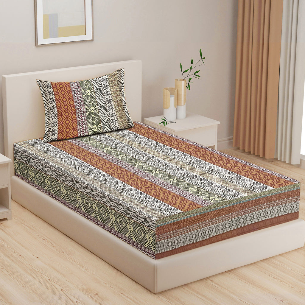 Heritage Weave Brown & Multicolour Geometric 160 TC Pure Cotton Bedsheet with Pillow Cover