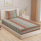 Heritage Weave Brown & Multicolour Geometric 160 TC Pure Cotton Bedsheet with Pillow Cover