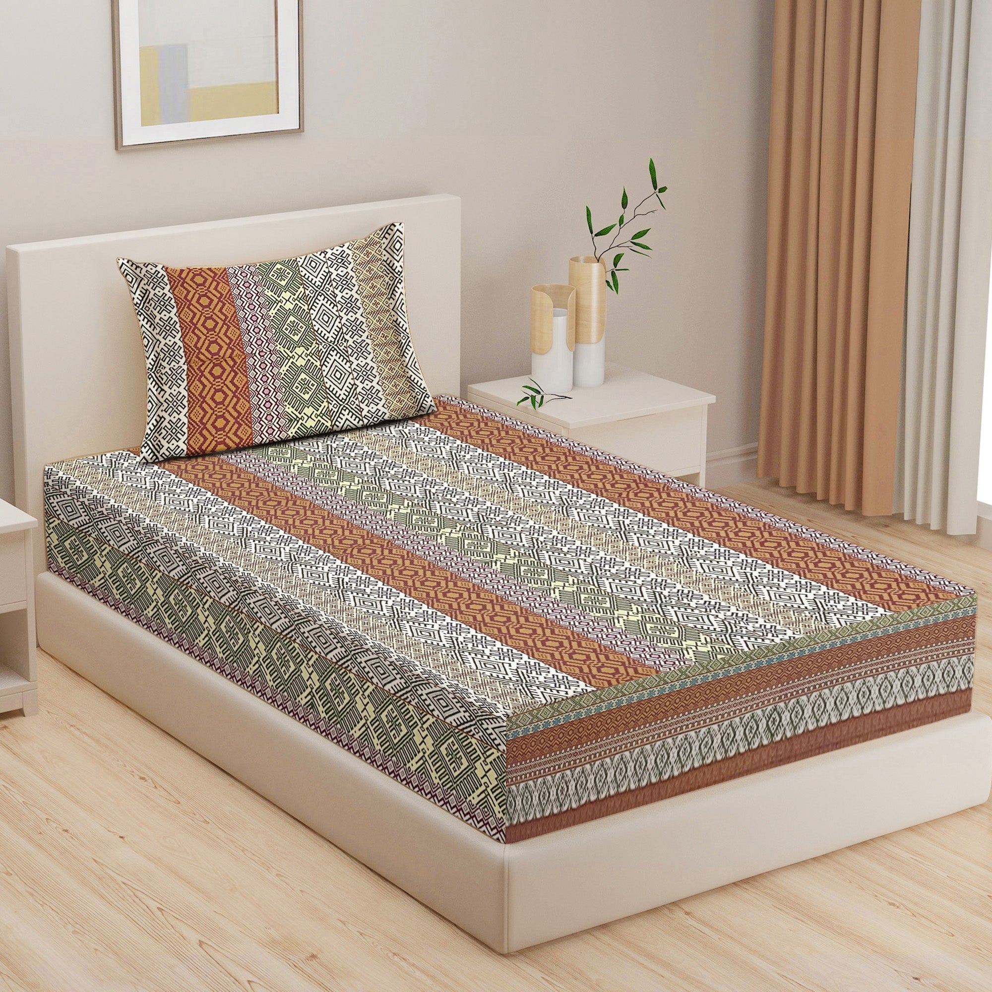 Heritage Weave Brown & Multicolour Geometric 160 TC Pure Cotton Bedsheet with Pillow Cover