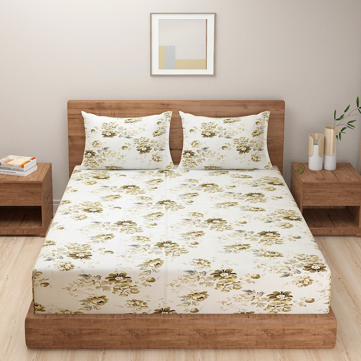 Ivory Olive Vintage Florals 144 TC Pure Cotton Bedsheet Set with Pillow Cover