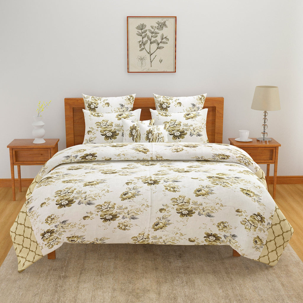 Ivory Olive Vintage Florals 144 TC Pure Cotton Bedsheet Set with Pillow Cover