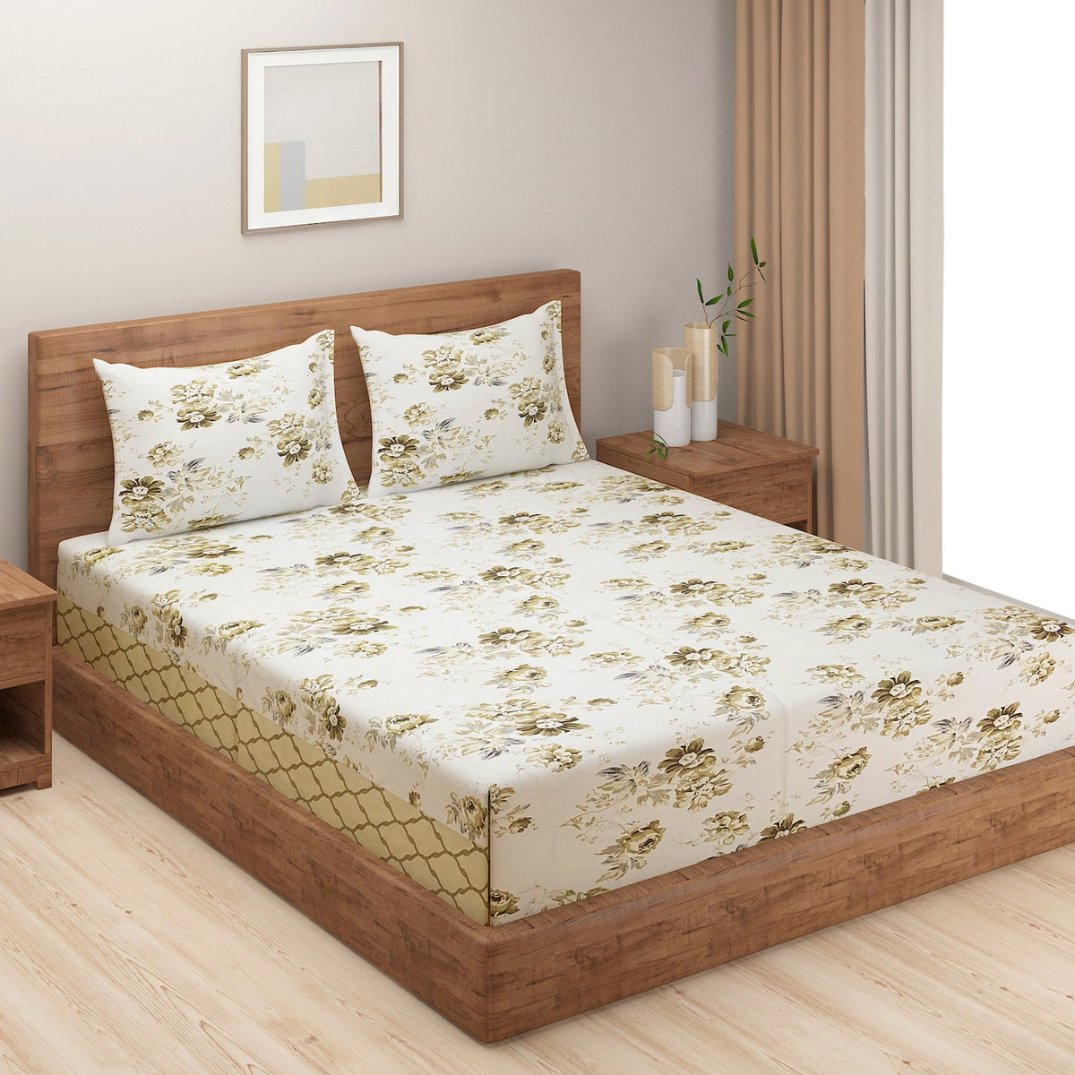 Ivory Olive Vintage Florals 144 TC Pure Cotton Bedsheet Set with Pillow Cover