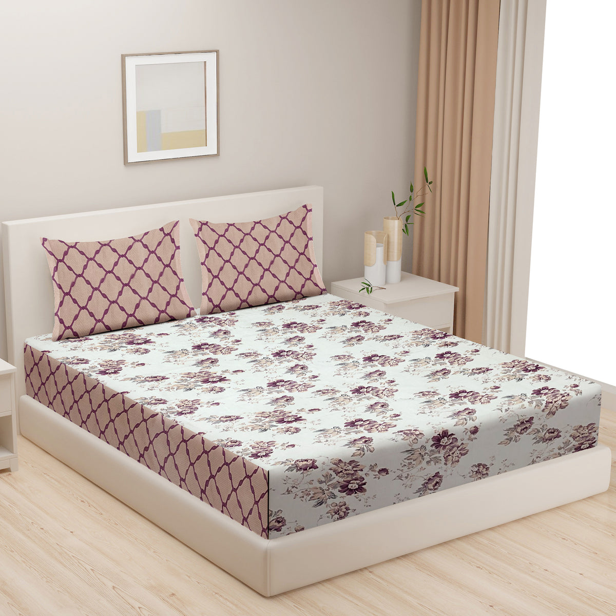 Ivory Plum Floral Trellis 144 TC Pure Cotton Bedsheet Set with Pillow Cover