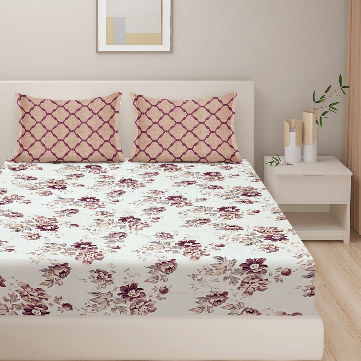 Ivory Plum Floral Trellis 144 TC Pure Cotton Bedsheet Set with Pillow Cover