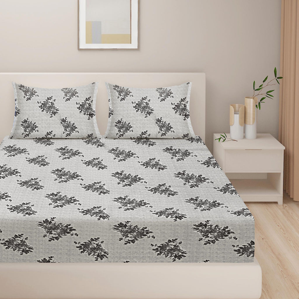 Silver Bloom Grey & Black Floral 160 TC Pure Cotton Bedsheet with Pillow Cover