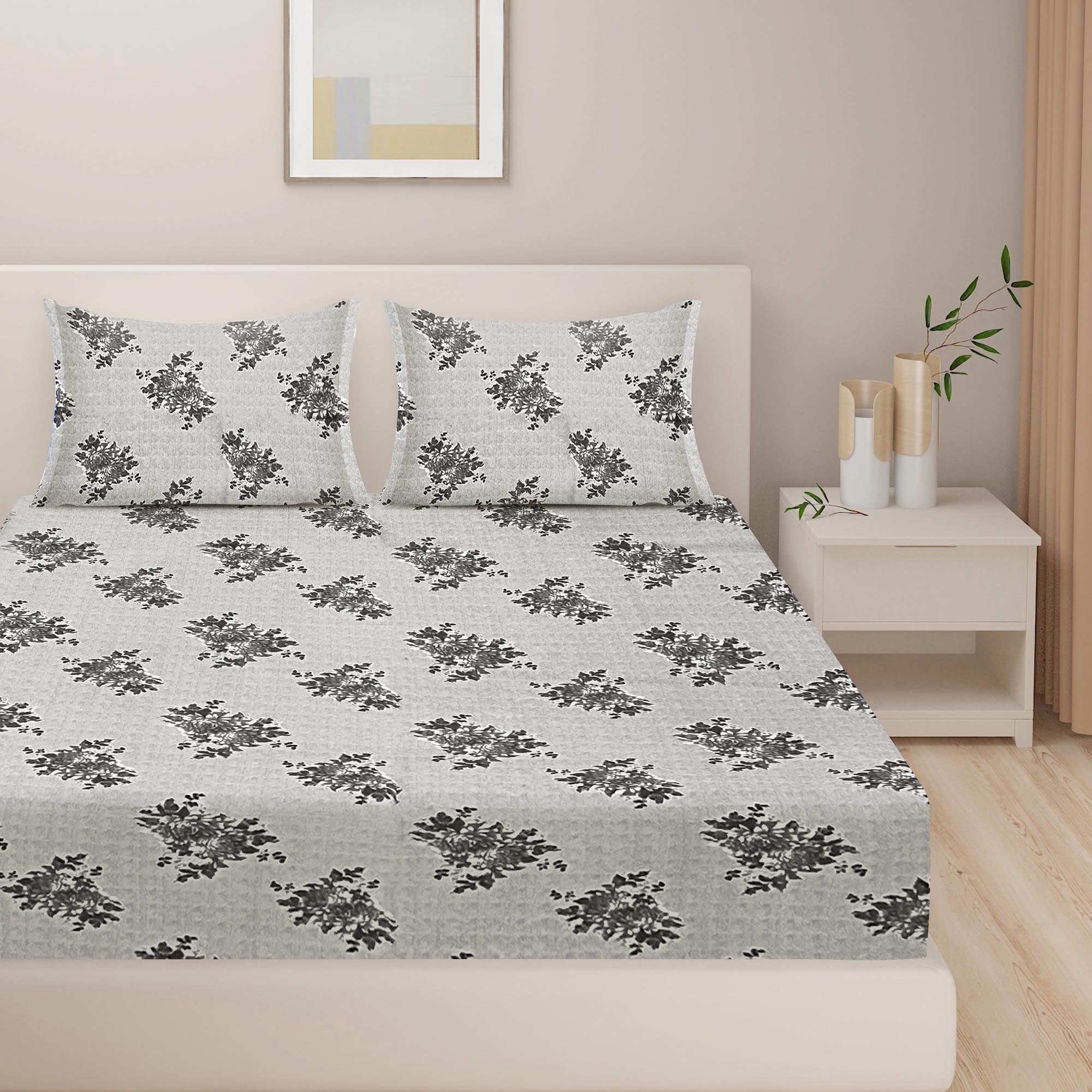 Silver Bloom Grey & Black Floral 160 TC Pure Cotton Bedsheet with Pillow Cover