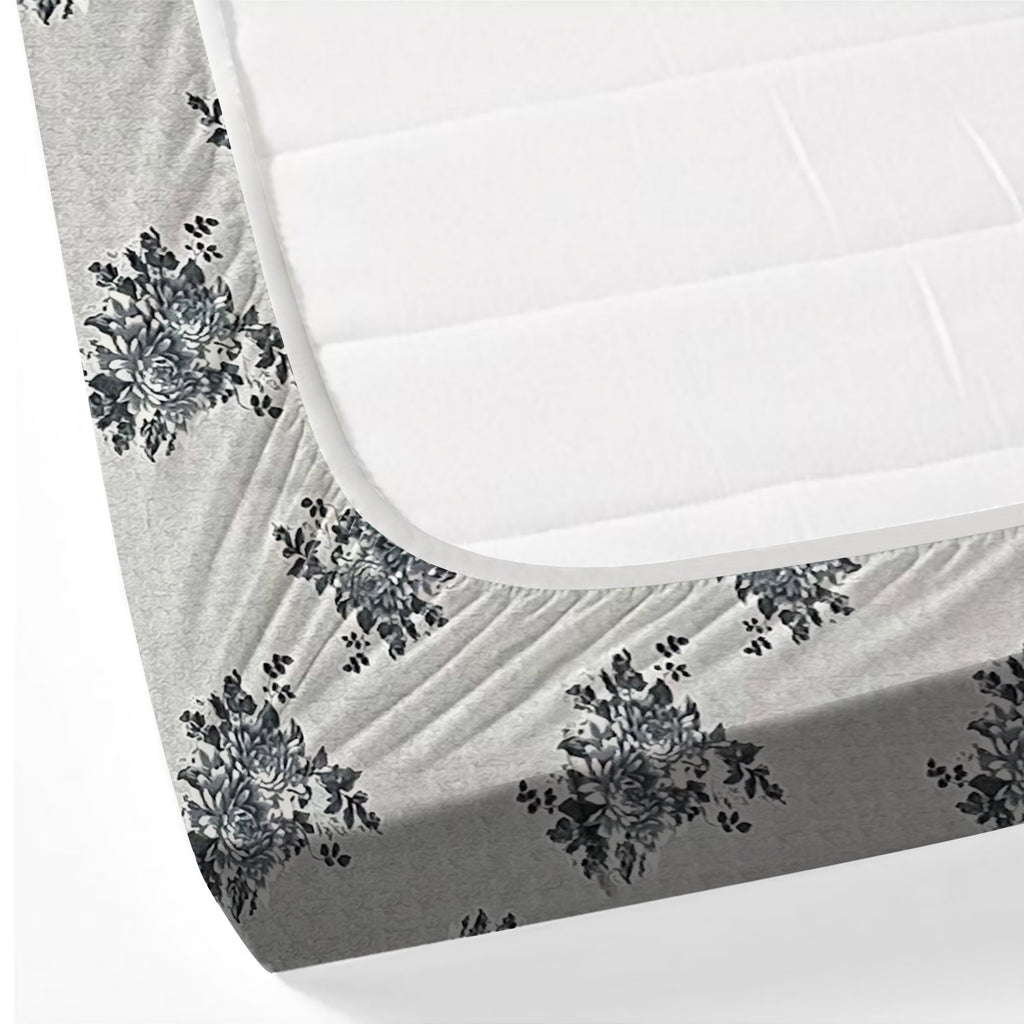 Silver Bloom Grey & Black Floral 160 TC Pure Cotton Bedsheet with Pillow Cover