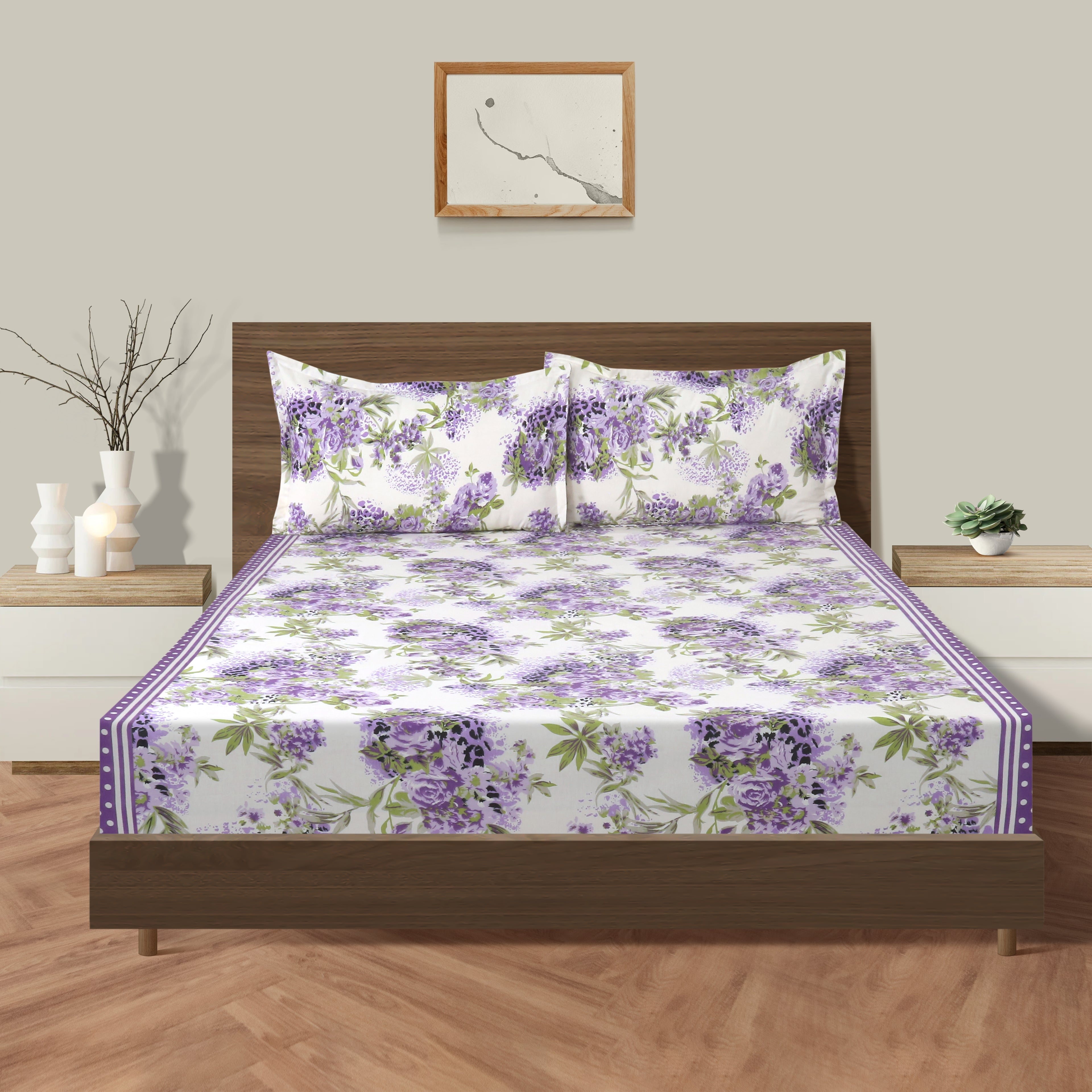 Lavender Garden White & Purple Floral 160 TC Pure Cotton Bedsheet with Pillow Cover