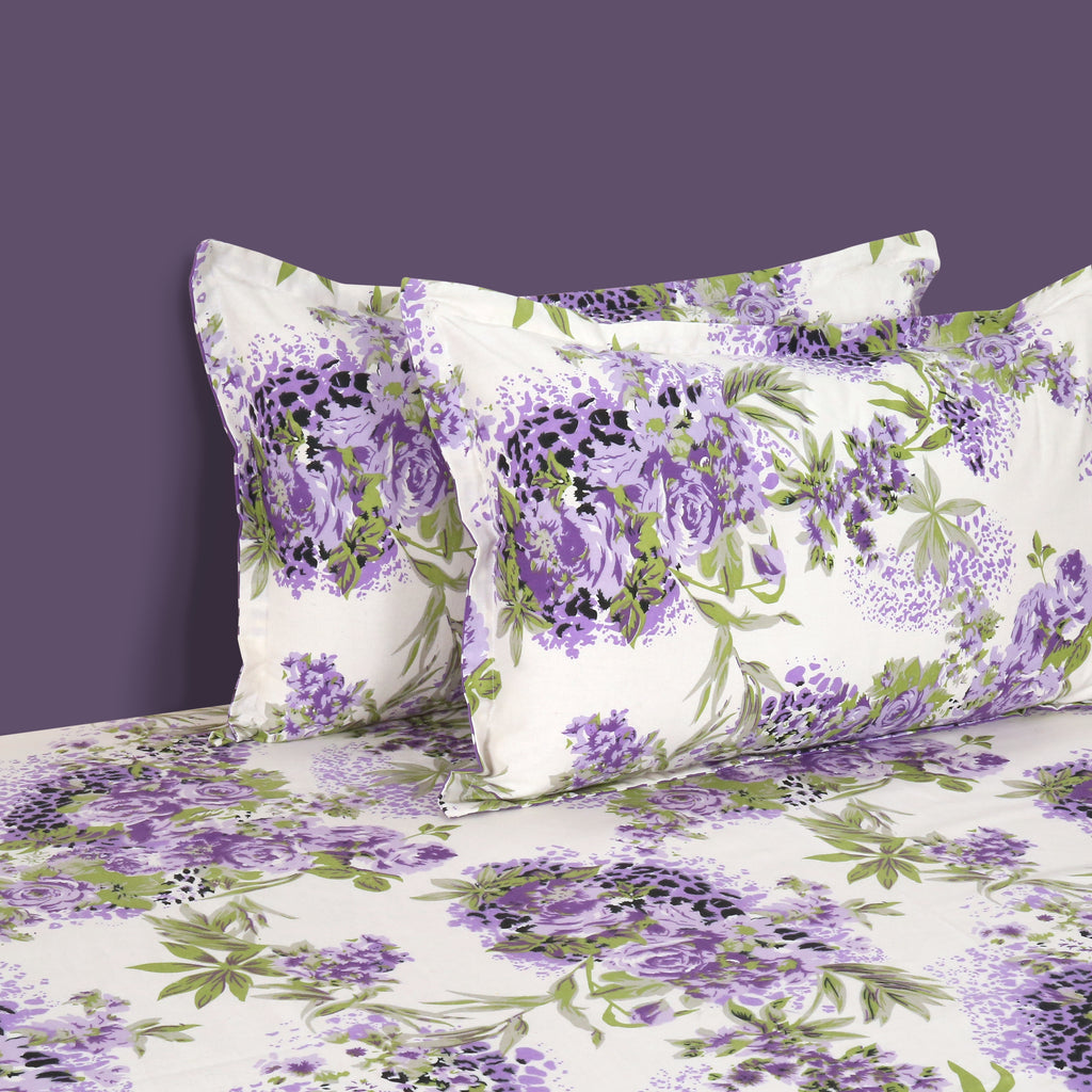 Lavender Garden White & Purple Floral 160 TC Pure Cotton Bedsheet with Pillow Cover