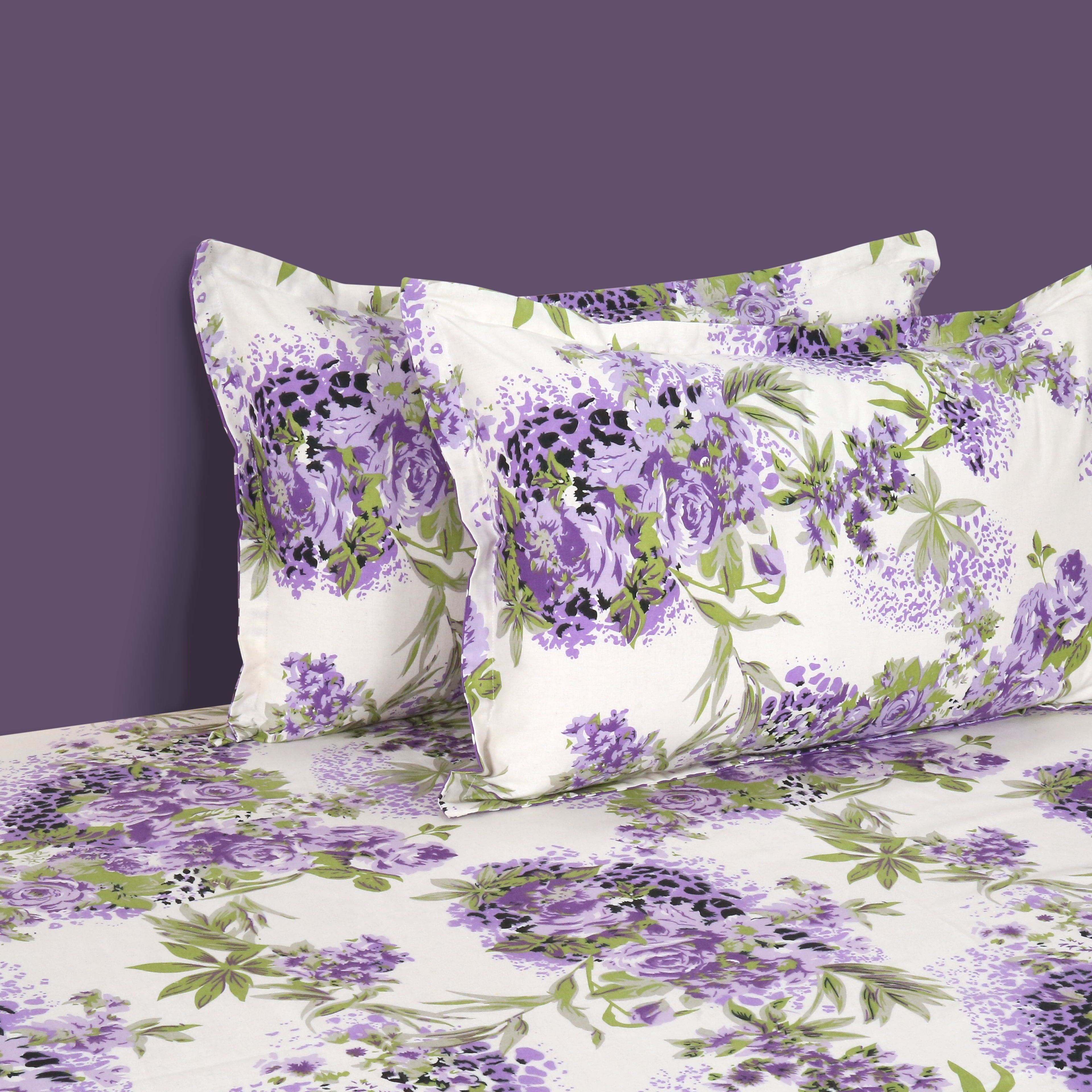 Lavender Garden White & Purple Floral 160 TC Pure Cotton Bedsheet with Pillow Cover