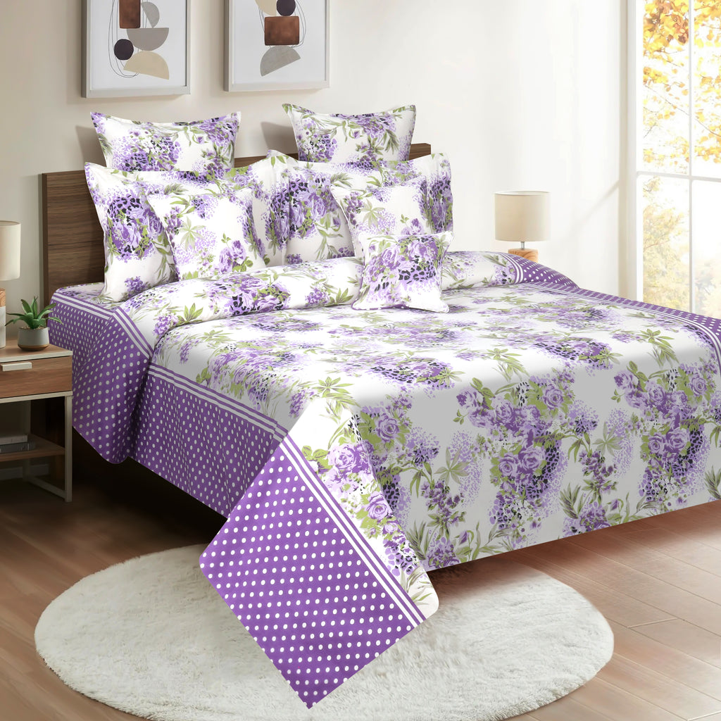 Lavender Garden White & Purple Floral 160 TC Pure Cotton Bedsheet with Pillow Cover