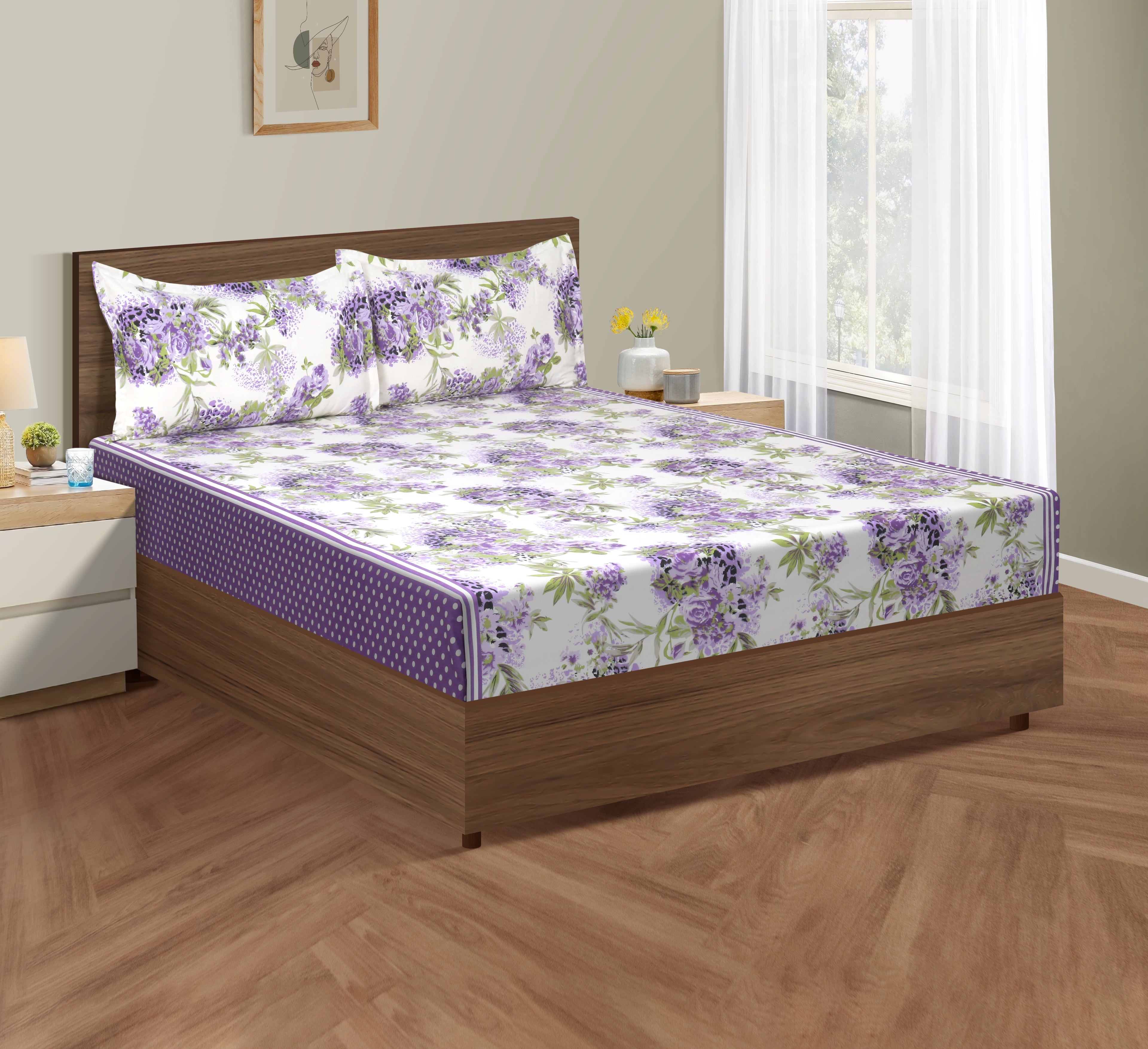 Lavender Garden White & Purple Floral 160 TC Pure Cotton Bedsheet with Pillow Cover