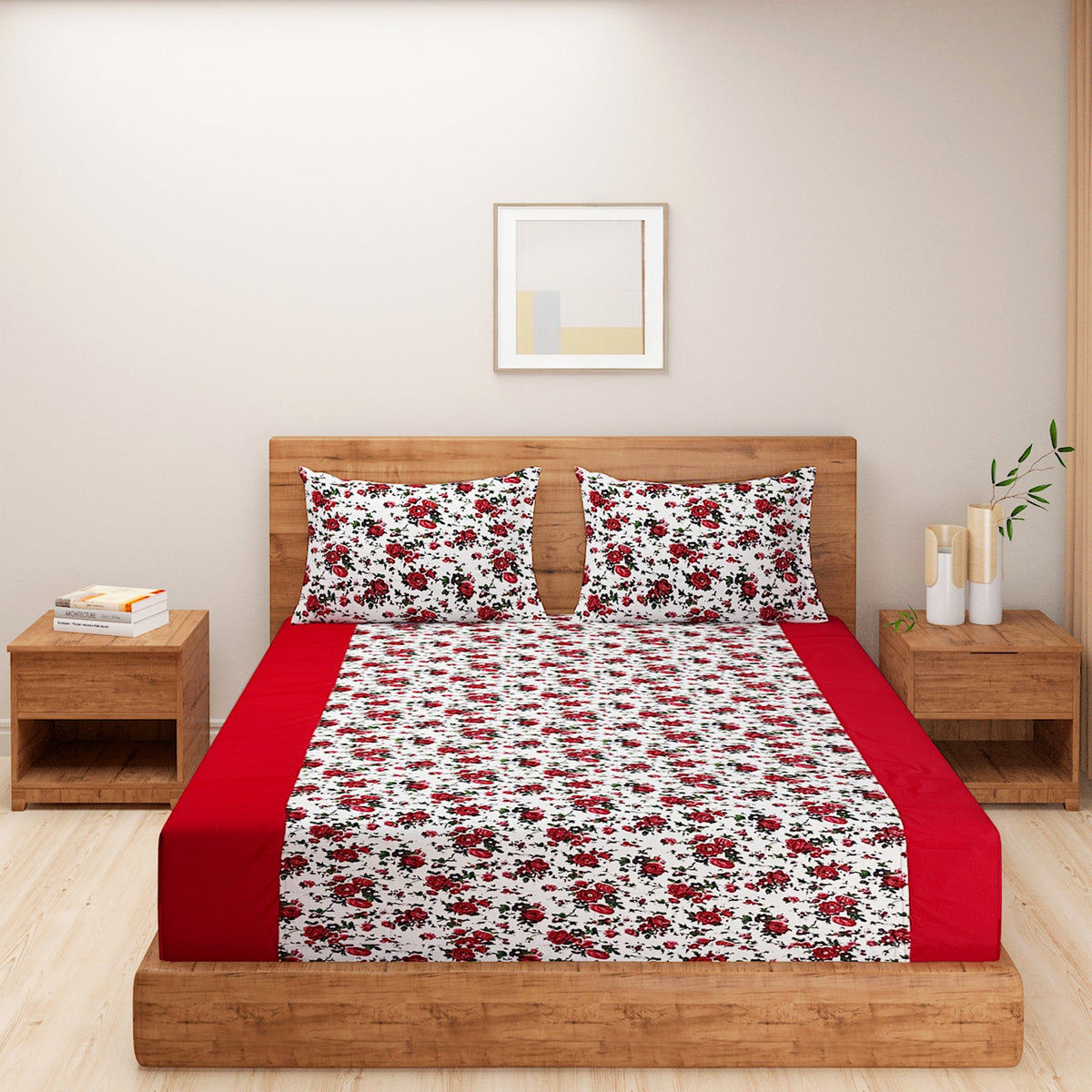 White Crimson Rose Garden 144 TC Pure Cotton Bedsheet Set with Pillow Cover