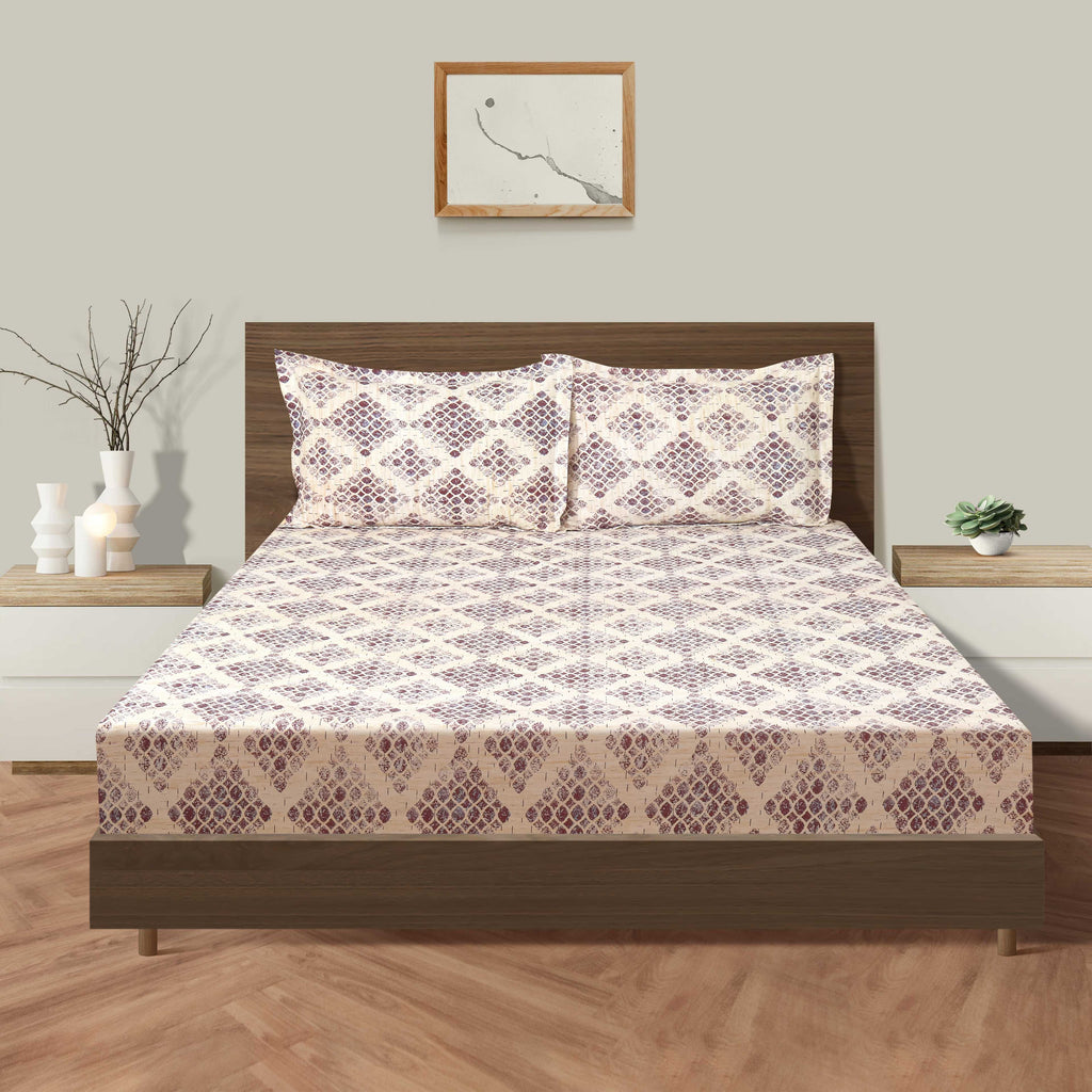 Mauve Mosaic Cream & Purple Geometric 160 TC Pure Cotton Bedsheet with Pillow Cover