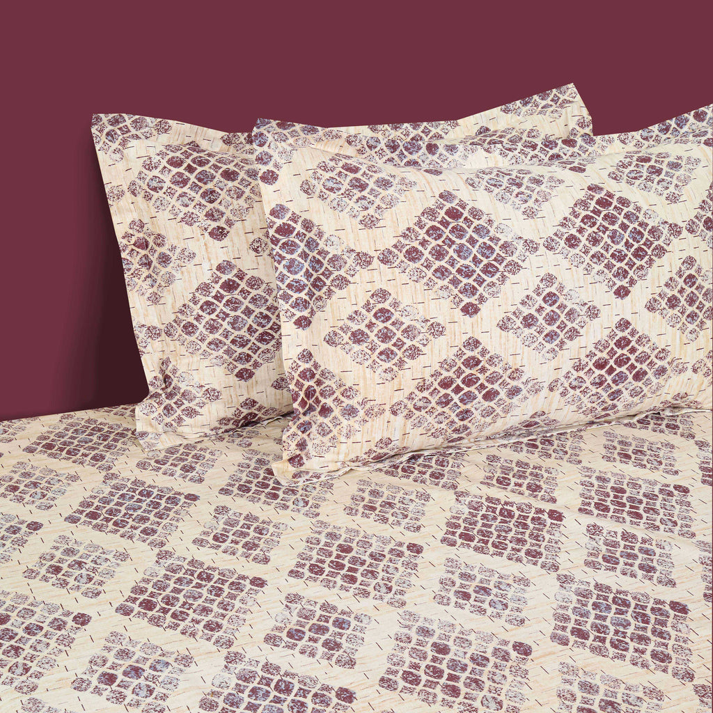Mauve Mosaic Cream & Purple Geometric 160 TC Pure Cotton Bedsheet with Pillow Cover