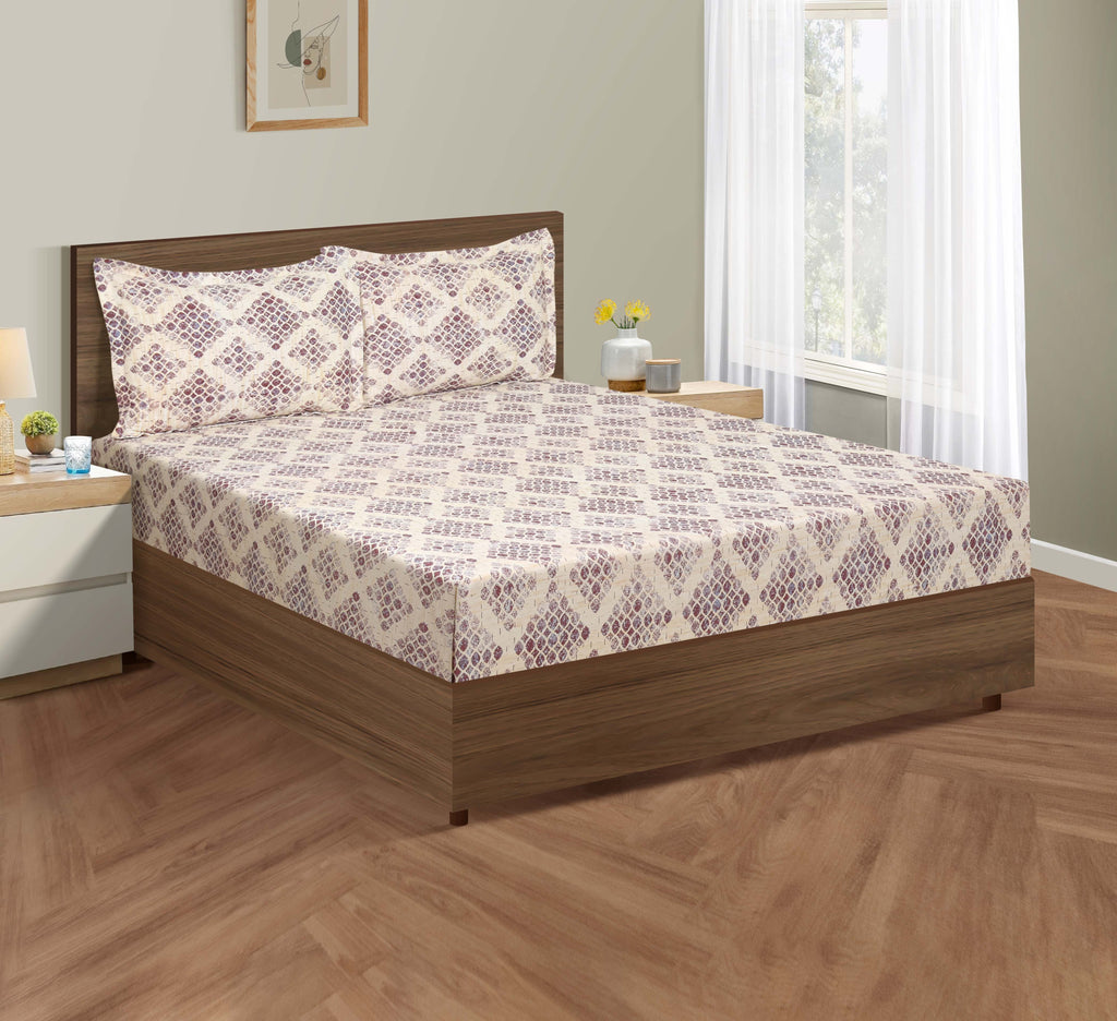 Mauve Mosaic Cream & Purple Geometric 160 TC Pure Cotton Bedsheet with Pillow Cover