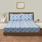 Azure Mosaic White & Blue Geometric 160 TC Pure Cotton Bedsheet with Pillow Cover