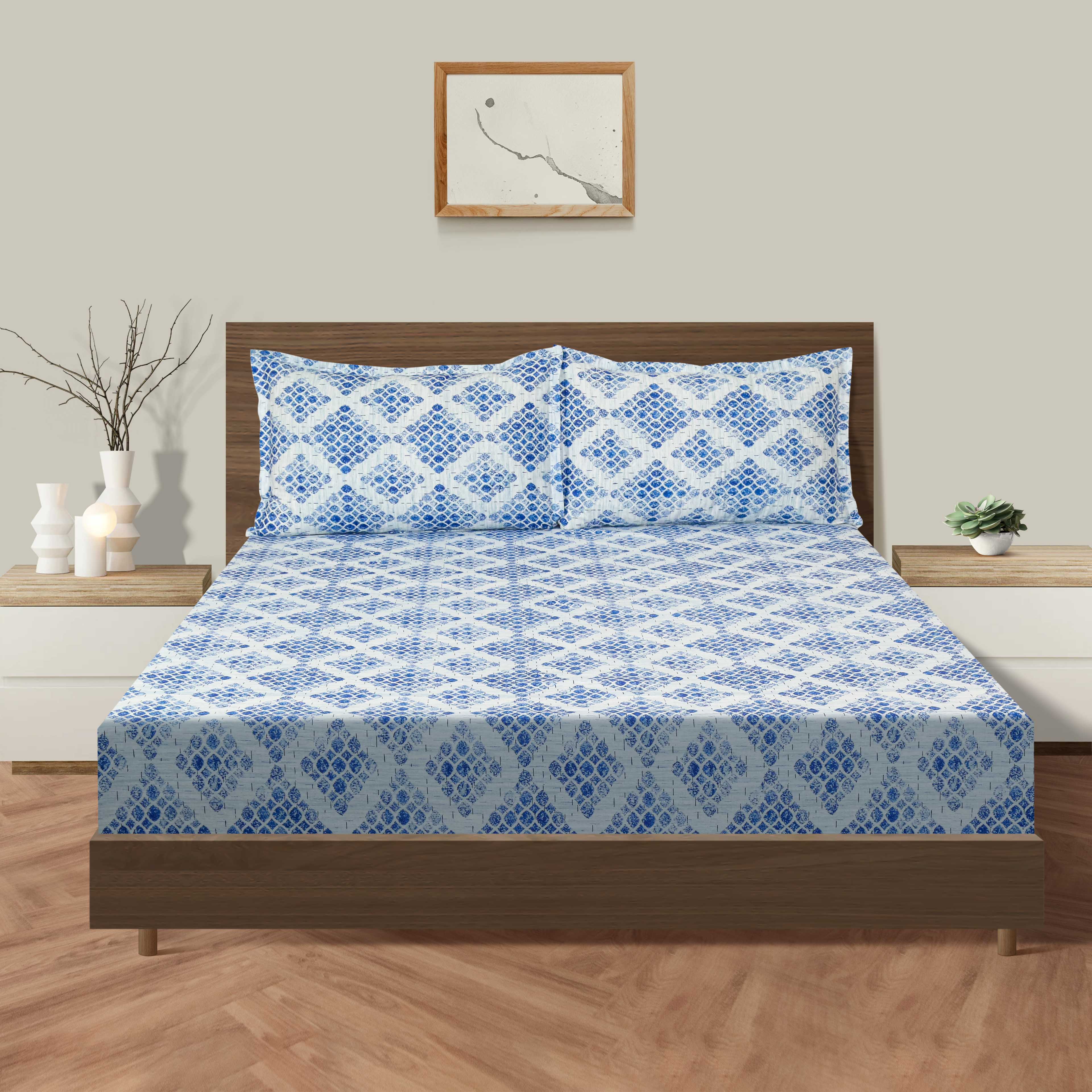 Azure Mosaic White & Blue Geometric 160 TC Pure Cotton Bedsheet with Pillow Cover