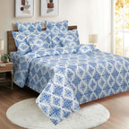 Azure Mosaic White & Blue Geometric 160 TC Pure Cotton Bedsheet with Pillow Cover