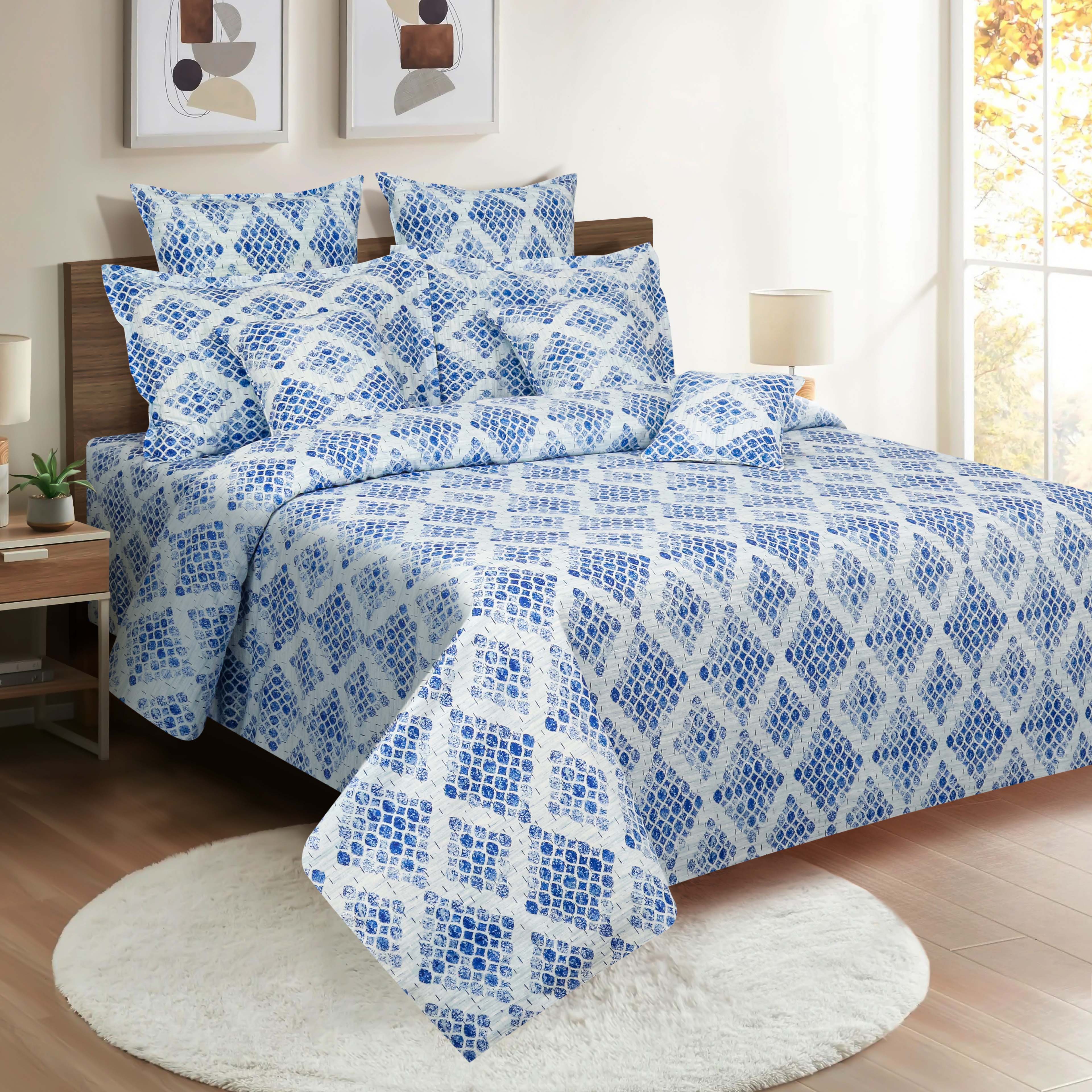 Azure Mosaic White & Blue Geometric 160 TC Pure Cotton Bedsheet with Pillow Cover