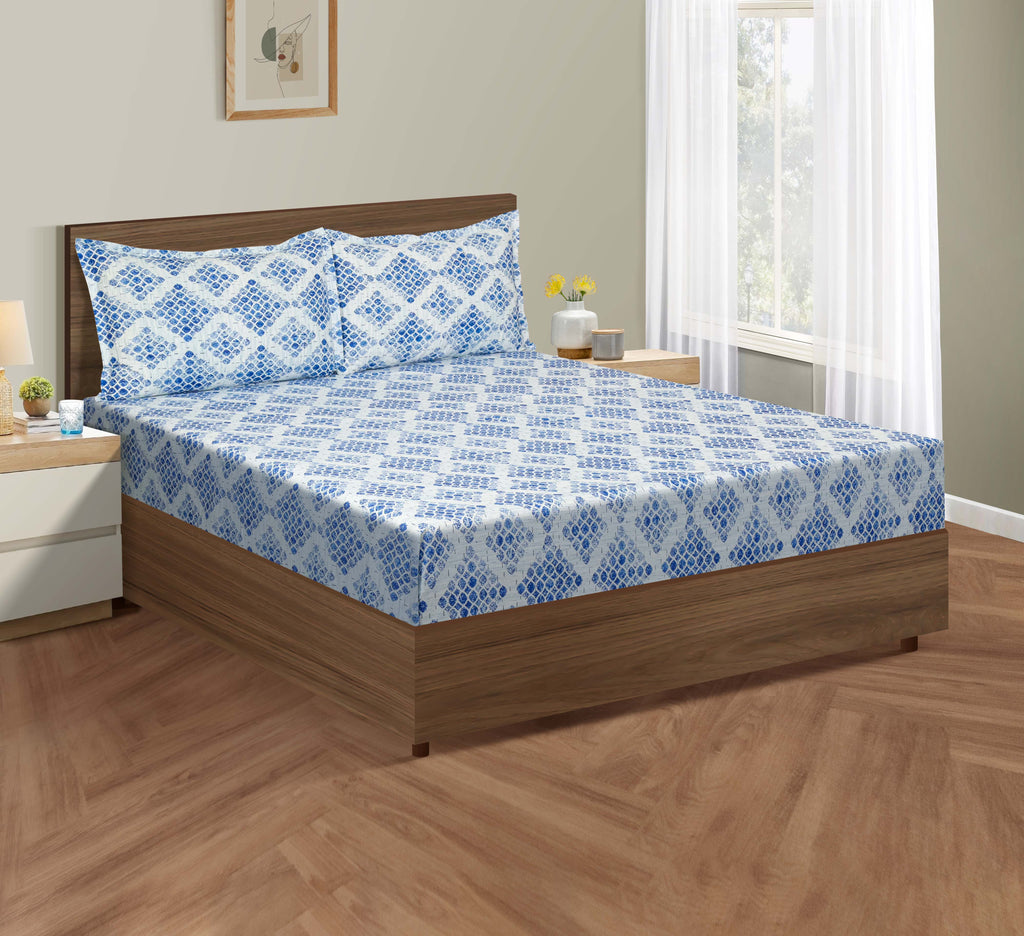 Azure Mosaic White & Blue Geometric 160 TC Pure Cotton Bedsheet with Pillow Cover