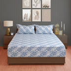 Blue Vineyard White & Blue Botanical 160 TC Pure Cotton Bedsheet with Pillow Cover