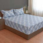 Blue Vineyard White & Blue Botanical 160 TC Pure Cotton Bedsheet with Pillow Cover