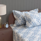 Blue Vineyard White & Blue Botanical 160 TC Pure Cotton Bedsheet with Pillow Cover