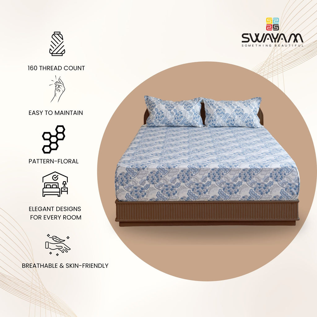 Blue Vineyard White & Blue Botanical 160 TC Pure Cotton Bedsheet with Pillow Cover