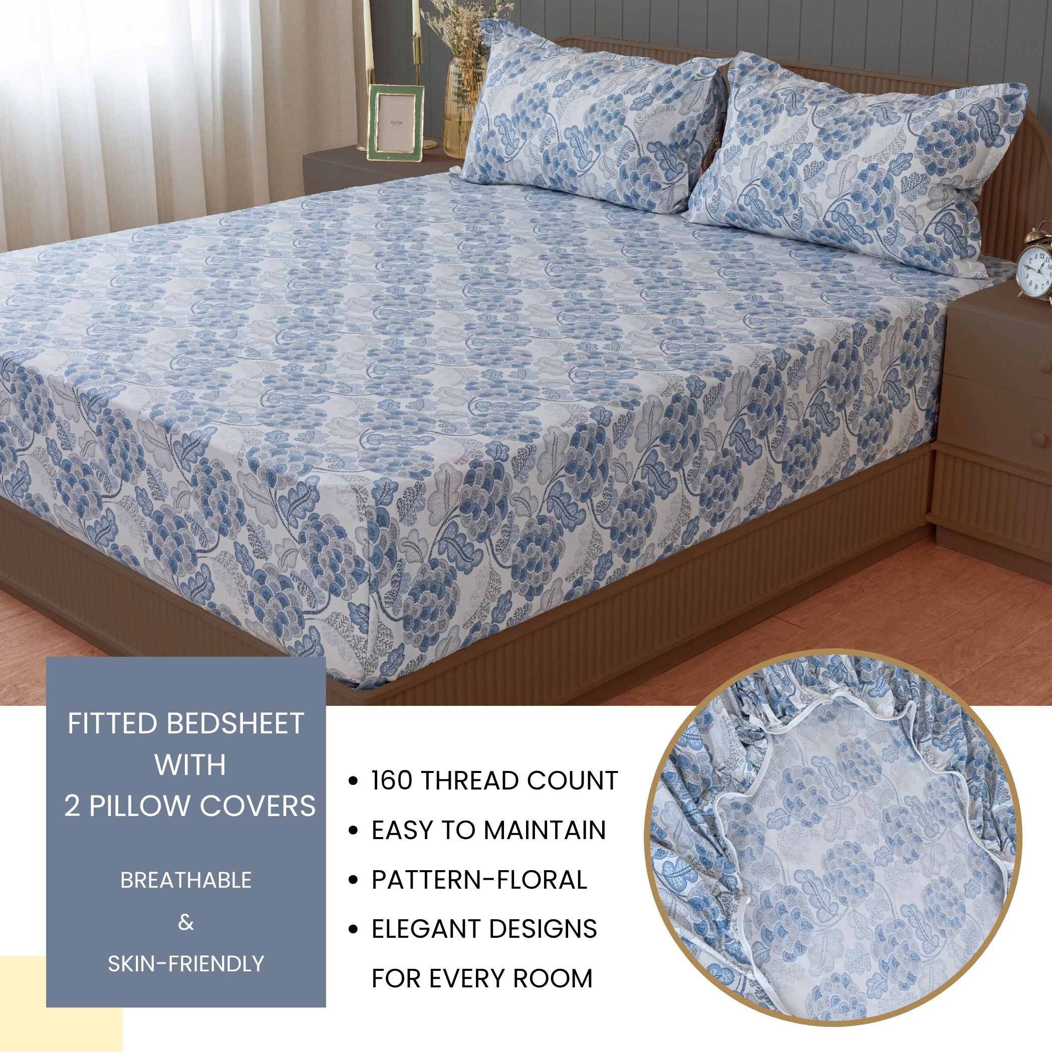 Blue Vineyard White & Blue Botanical 160 TC Pure Cotton Bedsheet with Pillow Cover